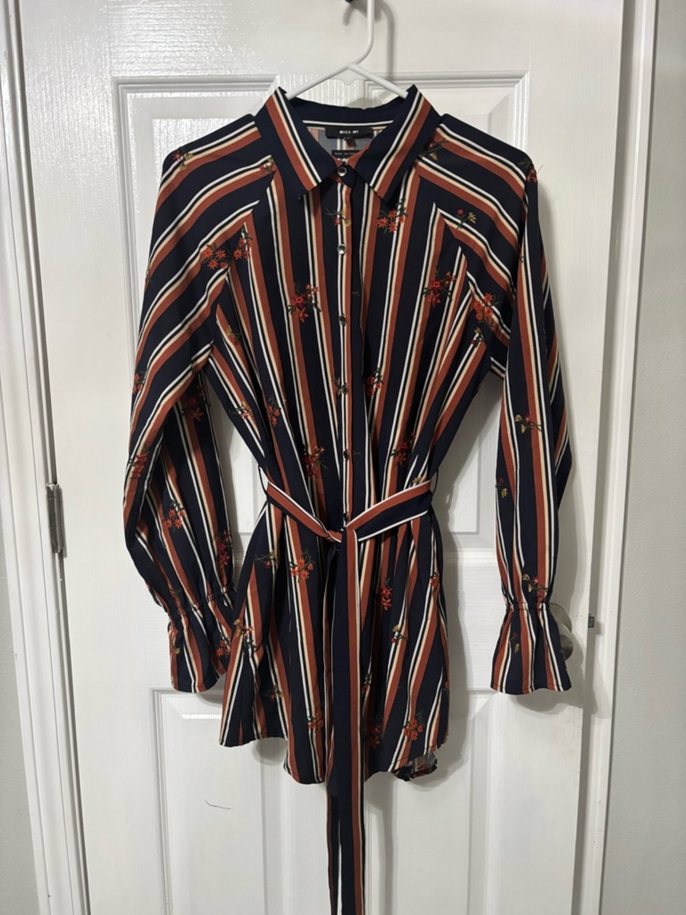 Miss Me Navy, Rust & Cream Striped Long Sleeve Shirt Dress